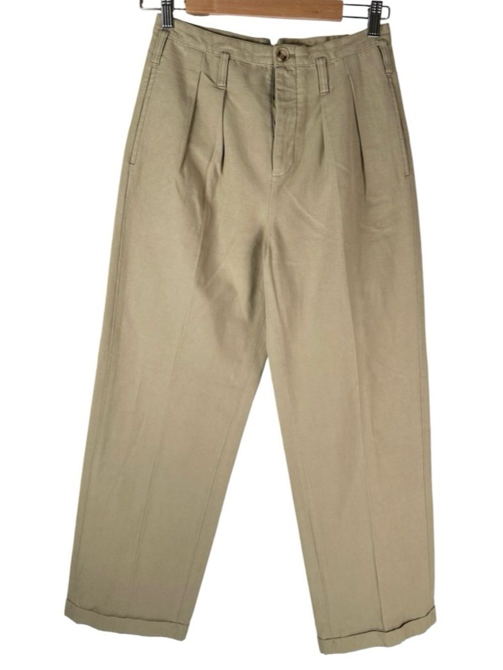 The Great Khaki Tan Cotton High Rise Pleated Straight Leg Trouser Pants Size 25